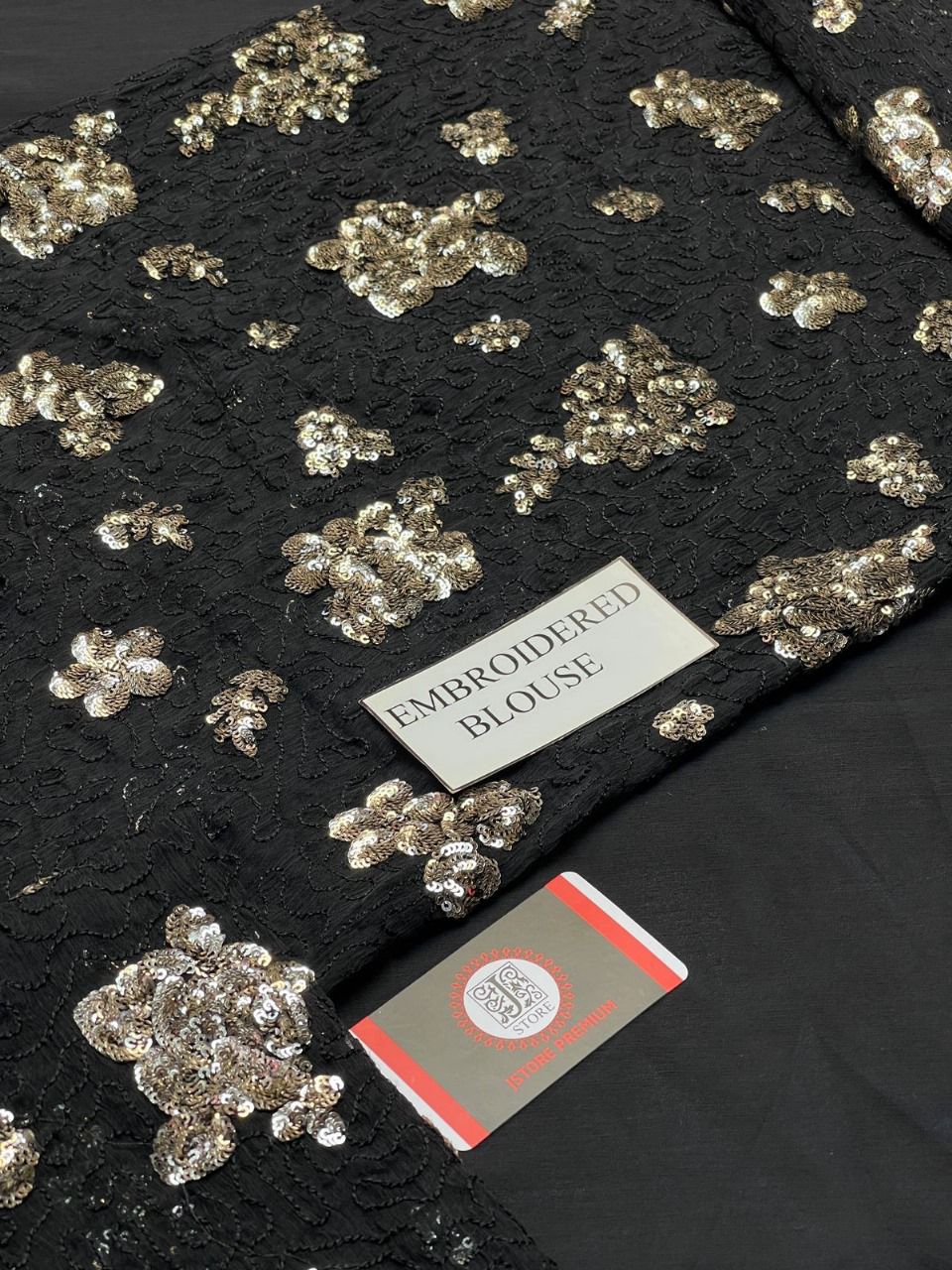 Jazmin Chiffon Saree with Satin Silk Trouser – Unstitched | Sequence Work