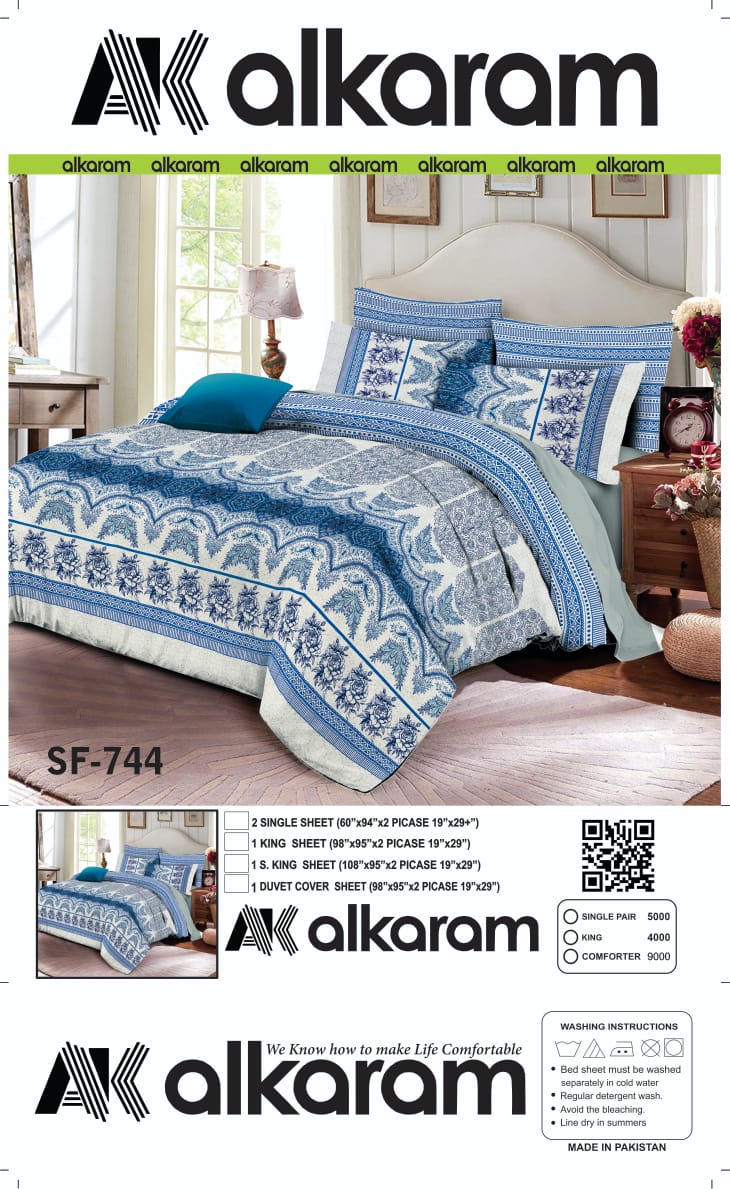Alkaram Blue Pattern Cotton Bed Sheet Set – 3 Piece King Size