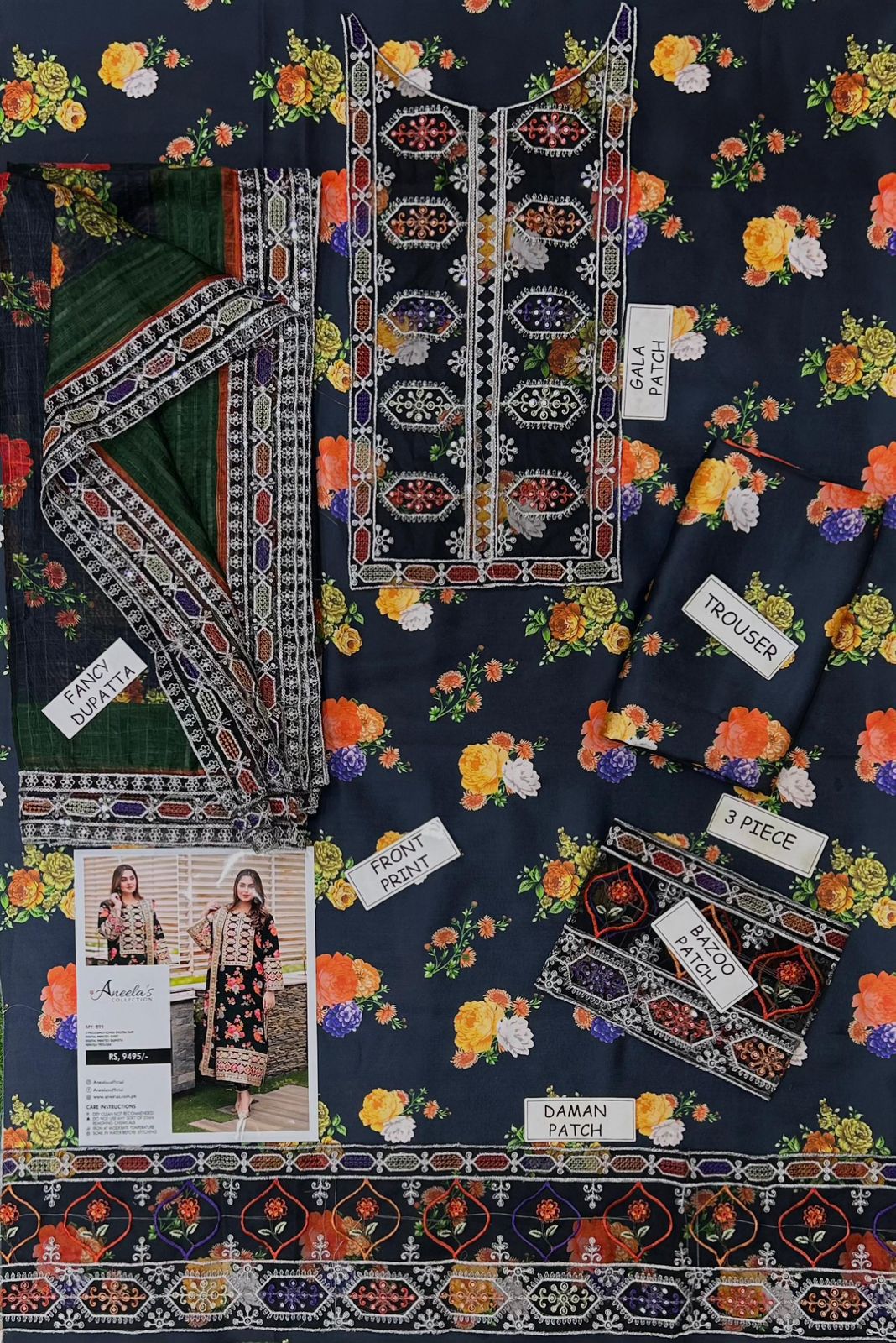 Aneela’s 3-Piece Silk Suit – Blue Black | Heavy Embroidered Unstitched Dress