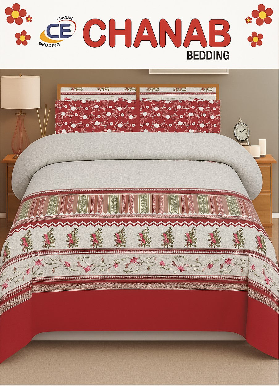 Chanab Red Floral Cotton Bed Sheet Set – King Size | 3 Piece