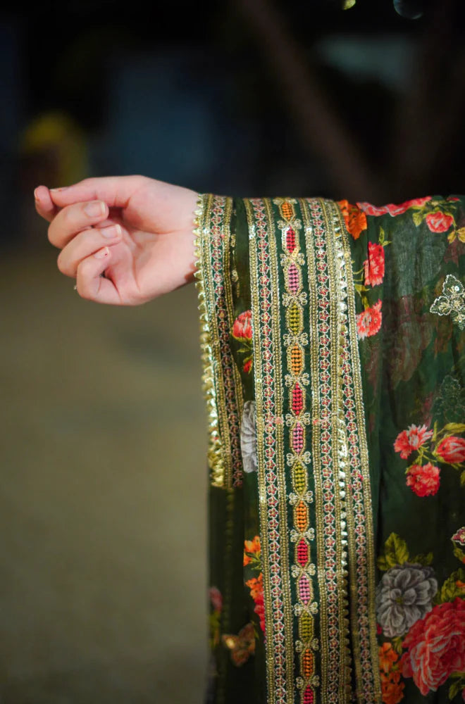 Aneelas (Original) Green 3pc Unstitched Silk Suit – Heavy Embroidered Shamoz Silk Dress for Women