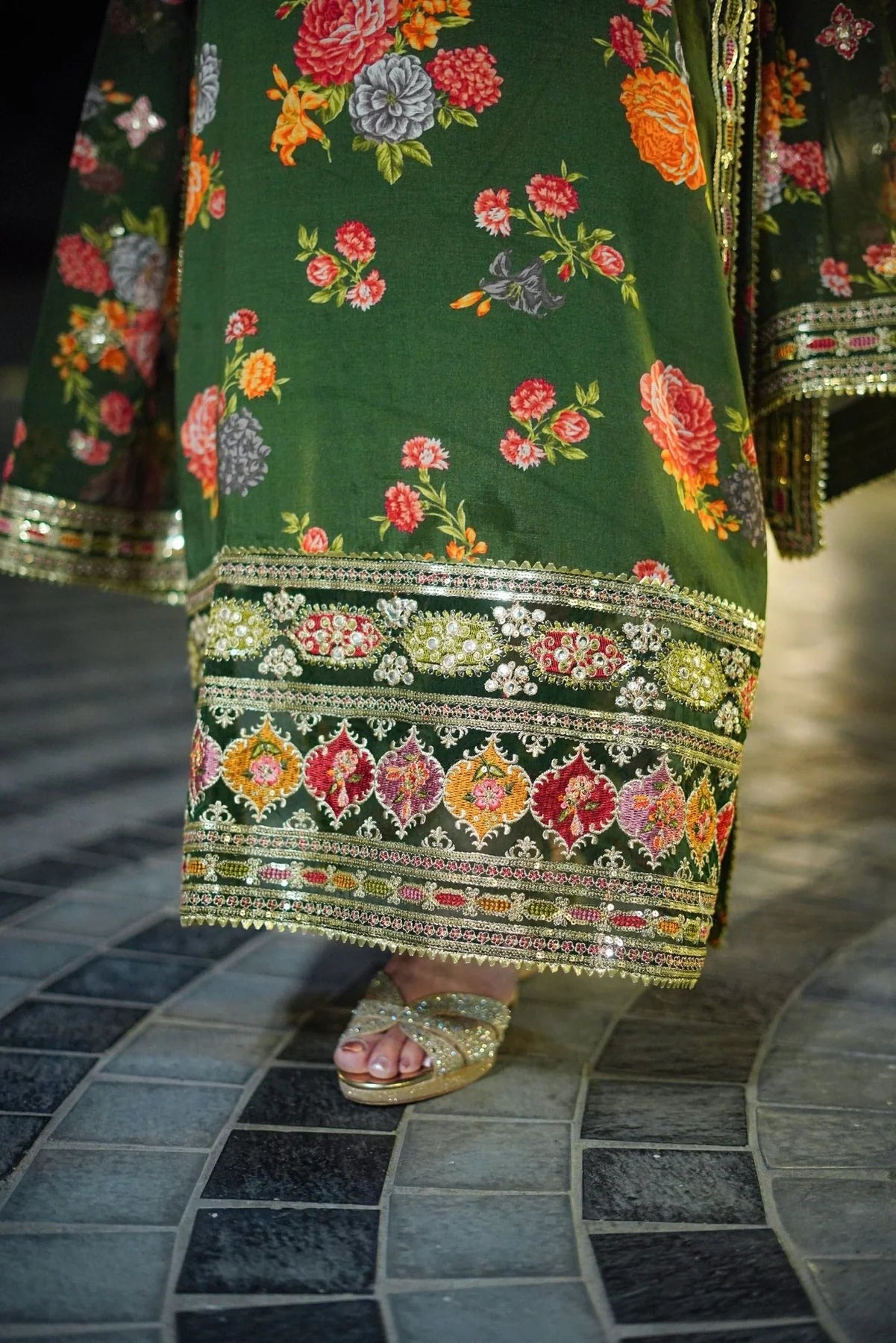 Aneelas (Original) Green 3pc Unstitched Silk Suit – Heavy Embroidered Shamoz Silk Dress for Women