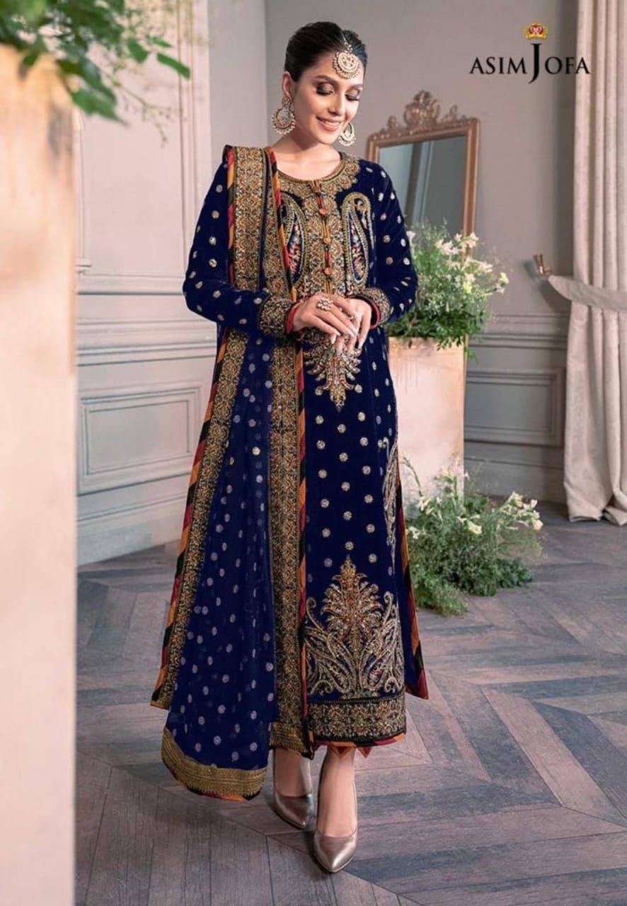 Asim Jofa Blue Velvet 3-piece Suit for Winter