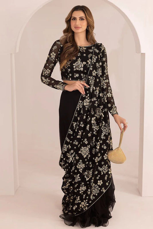 Jazmin Chiffon Saree with Satin Silk Trouser – Unstitched | Sequence Work