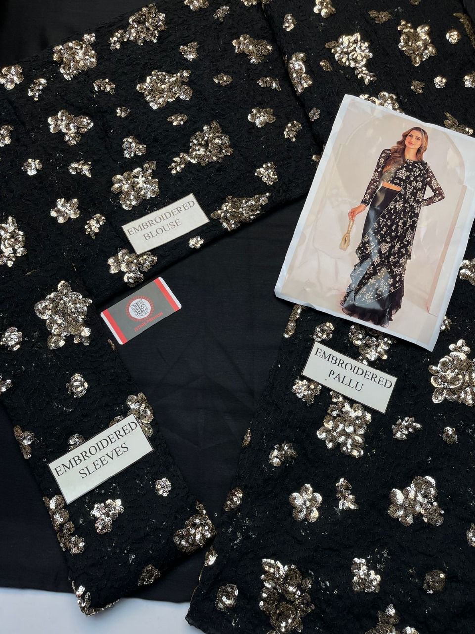 Jazmin Chiffon Saree with Satin Silk Trouser – Unstitched | Sequence Work