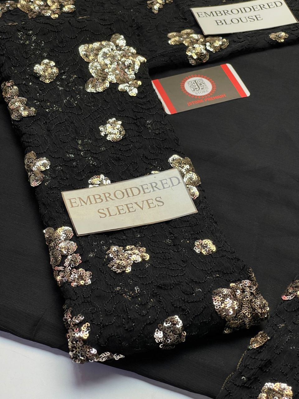 Jazmin Chiffon Saree with Satin Silk Trouser – Unstitched | Sequence Work