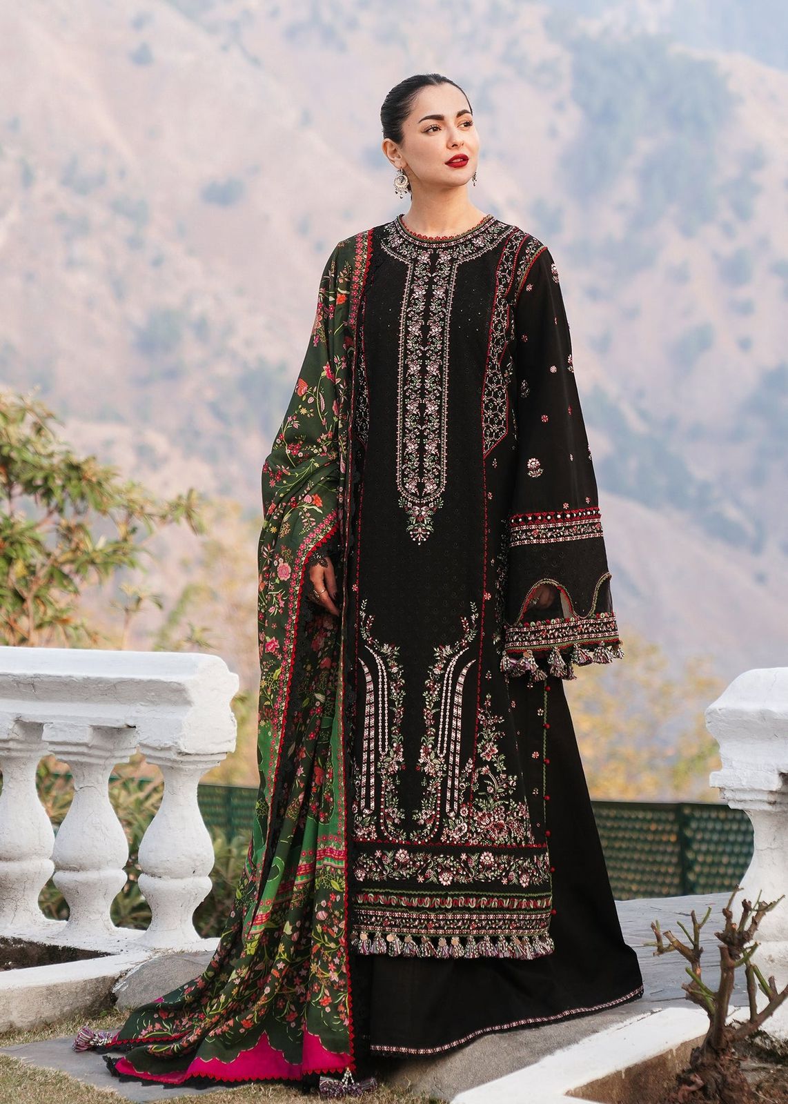 Heavy Embroidered Dhank Suit with Wool Shawl |