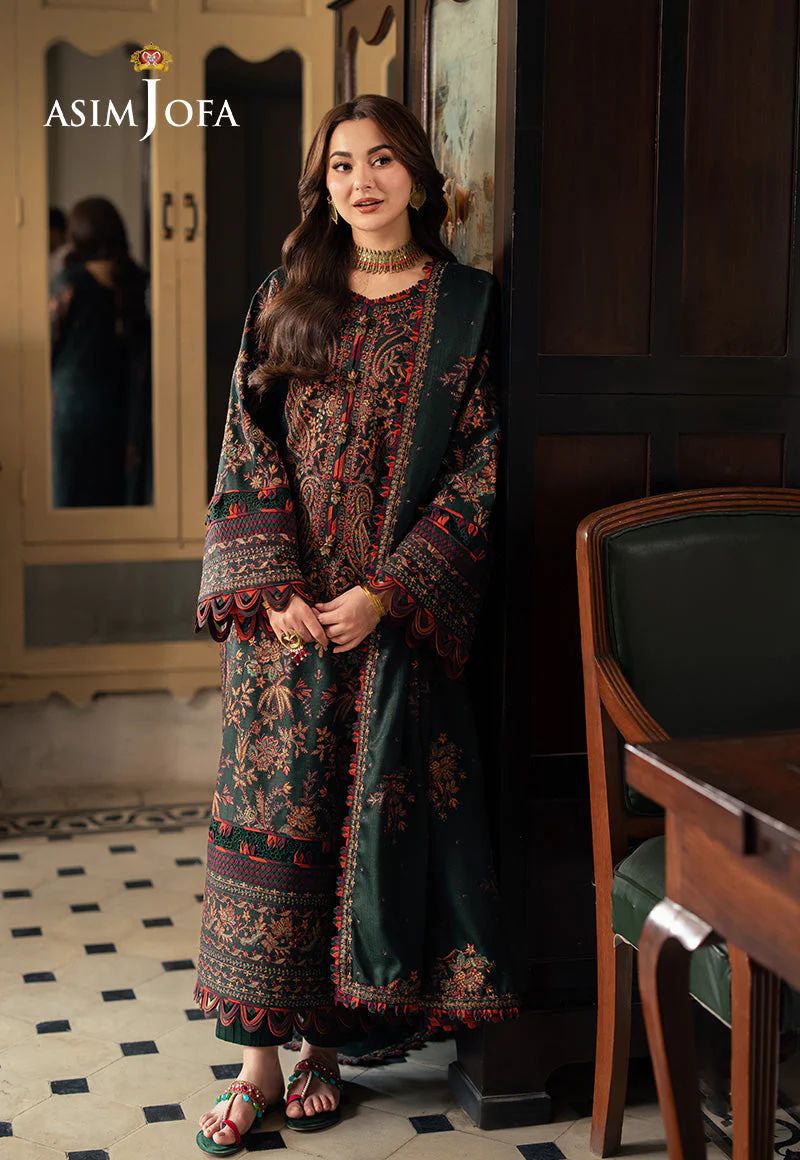 ASIM JOFA 3PC Casual Winter Collection | Embroidered Dhank Suit Lace Border Shawl
