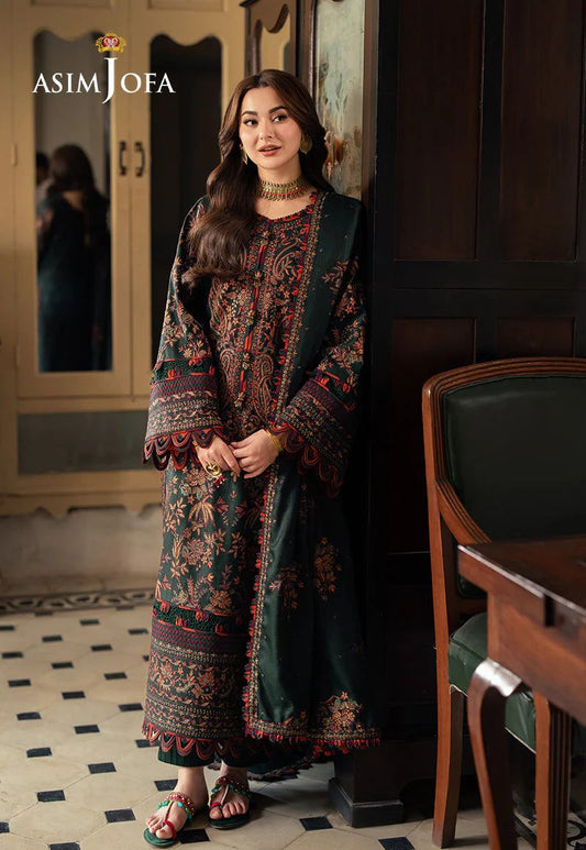 ASIM JOFA 3PC Casual Winter Collection | Embroidered Dhank Suit Lace Border Shawl