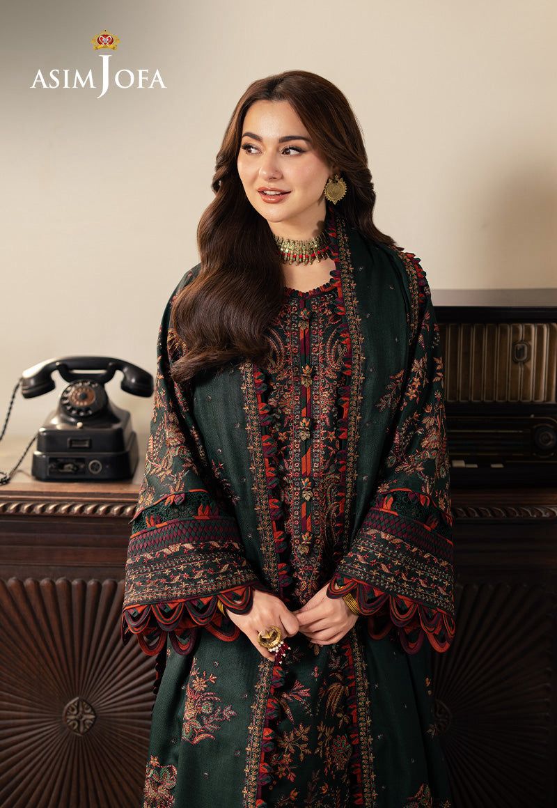 ASIM JOFA 3PC Casual Winter Collection | Embroidered Dhank Suit Lace Border Shawl
