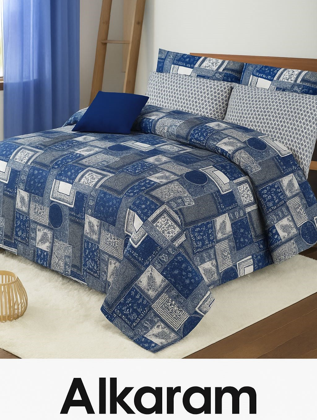 Alkaram Blue Patchwork Cotton Bed Sheet Set – 3 Piece King Size