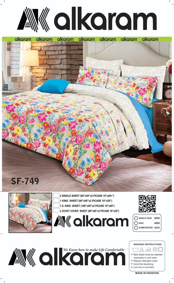 Alkaram Multicolor Floral Cotton Bed Sheet Set – 3 Piece King Size