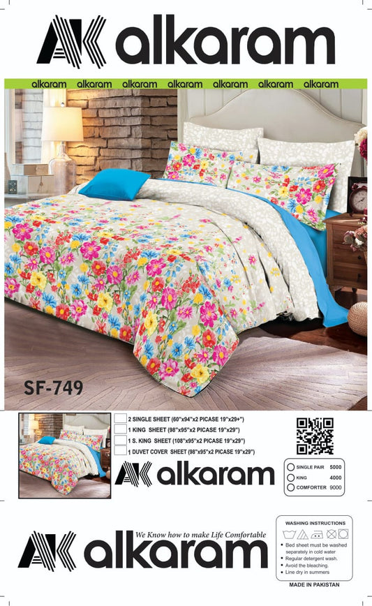 Alkaram Multicolor Floral Cotton Bed Sheet Set – 3 Piece King Size