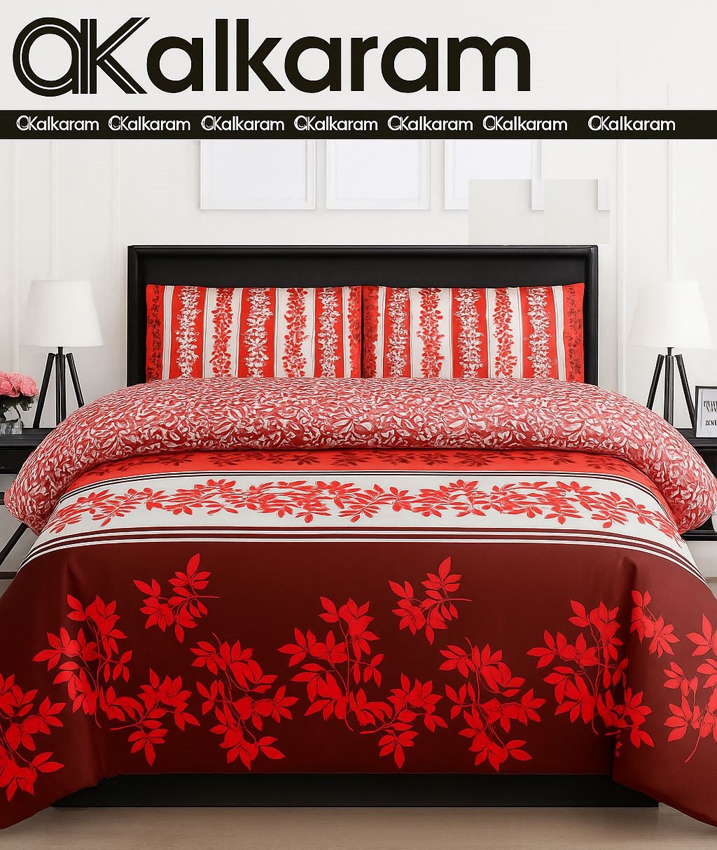 Alkaram Red Blossom Cotton Bed Sheet Set – 3 Piece | Double Bed
