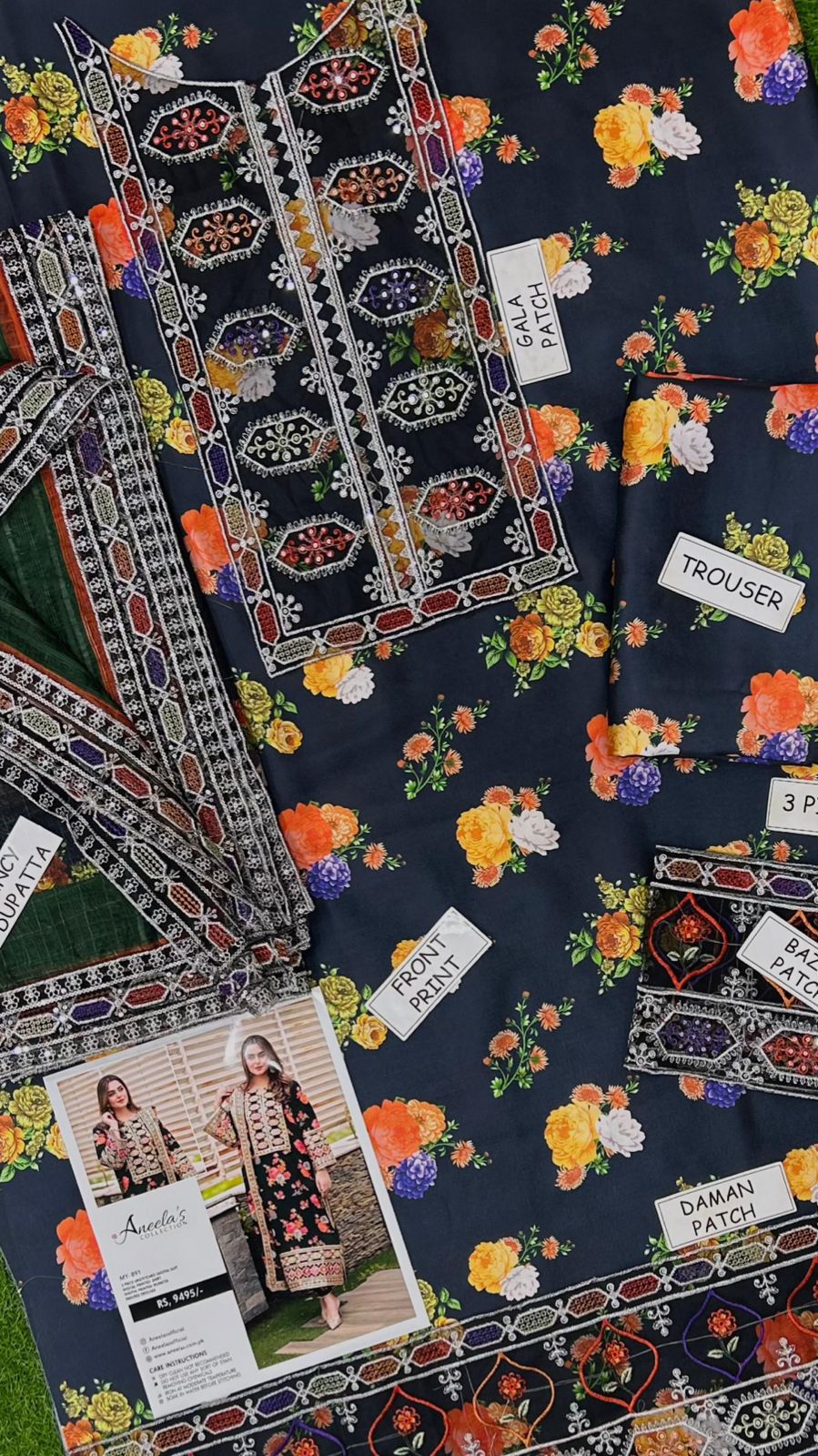 Aneela’s 3-Piece Silk Suit – Blue Black | Heavy Embroidered Unstitched Dress