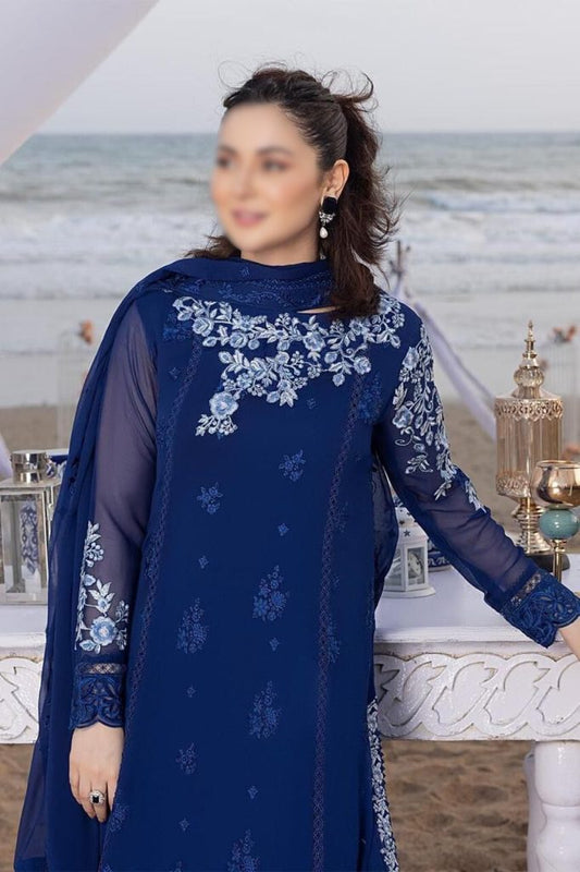 Azure Blue Embroidered Chiffon Suit with Dupatta | Luxury Party & Wedding Wear