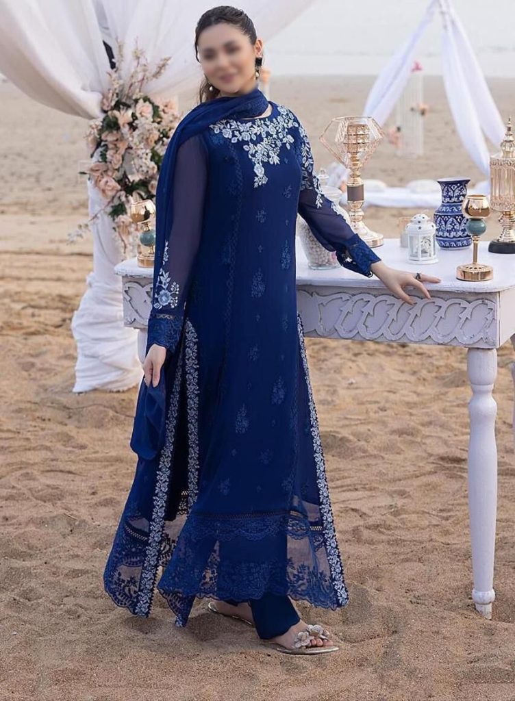 Azure Blue Embroidered Chiffon Suit with Dupatta | Luxury Party & Wedding Wear