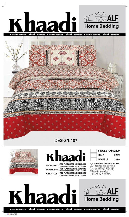 Khaadi Red Black Cotton Bed Sheet Set – 3 Piece | King Size