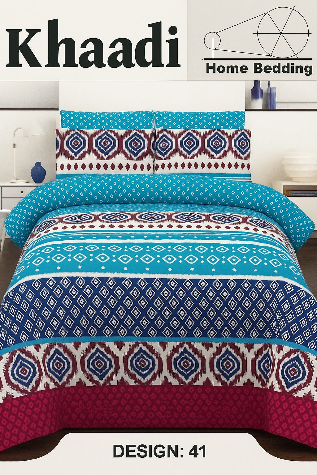 Khaadi Blue Multicolor Cotton Bed Sheet Set – 3 Piece | King Size