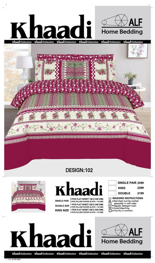 Khaadi Pink Green Floral Cotton Bed Sheet Set | 3 Piece | King Size