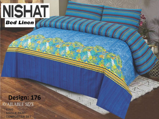 Nishat Blue Tropical Floral Cotton Bed Sheet Set – 3 Piece | King Size