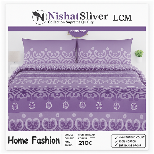 Nishat Silver Cotton Bed Sheet Set – Purple & White | 3 Piece King Size