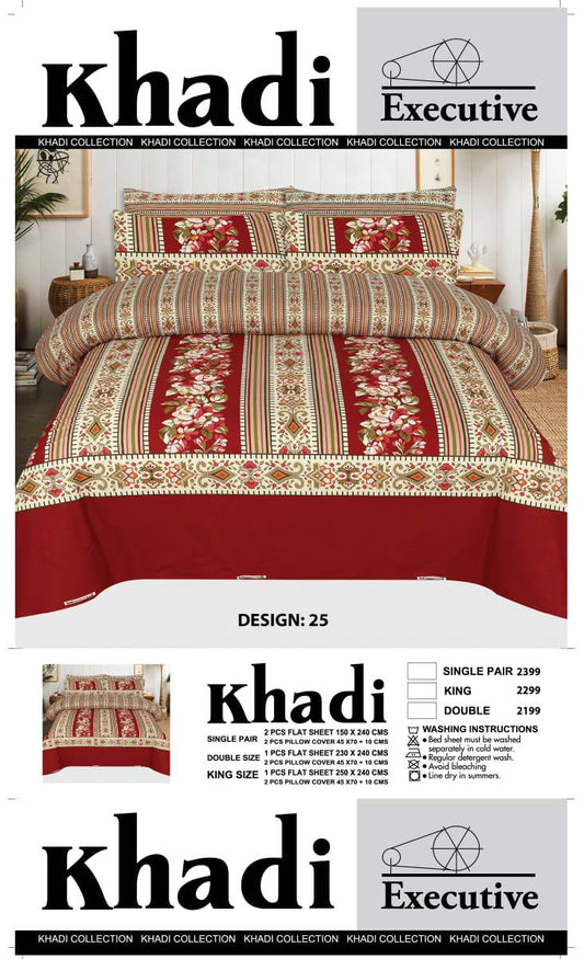 Khadi Red Floral Stripe Cotton Bed Sheet Set – 3 Piece King Size